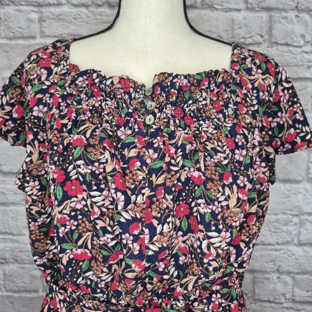 Draper James Dress Navy Floral Ruffle Sleeves Tie Belt Smocked Top Women's Sz XL - Picture 4 of 10